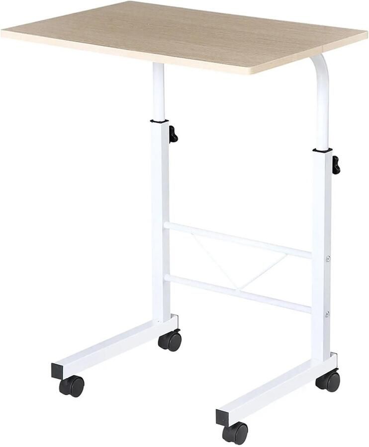 Sweiko Bijzettafel Hoogte verstelbaar met Wielen 60 x 40 x 68 78 cm Wit + Naturel