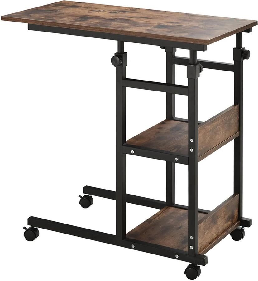 Sweiko Bijzettafel met Wielen Hoogte verstelbaar 2 planken 80x40x72 82 cm Bruin