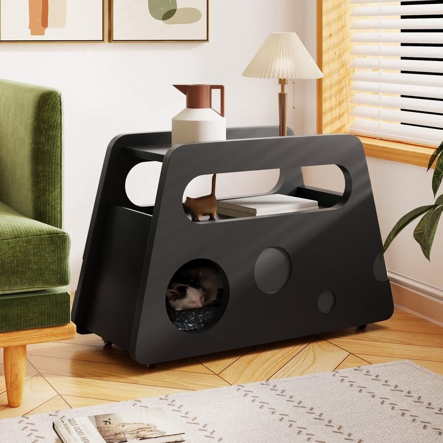 Sweiko Bijzettafel Met wielen Rond ontwerp Huisdiervriendelijk Zwart