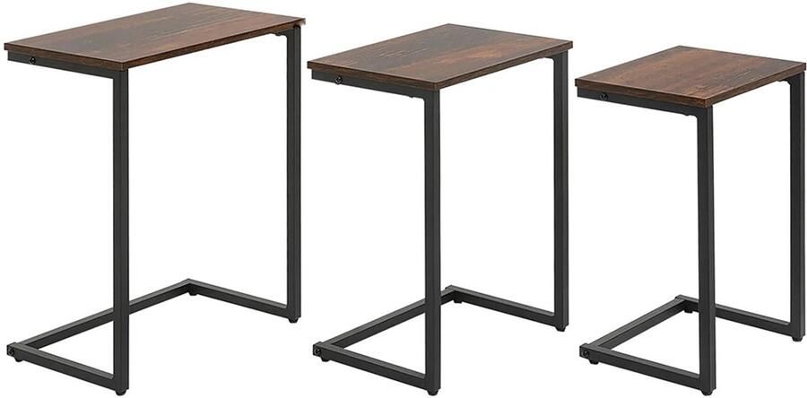 Sweiko Bijzettafel Set van 3 Stapelbaar Industrieel ontwerp Stalen frame Bruin + zwart