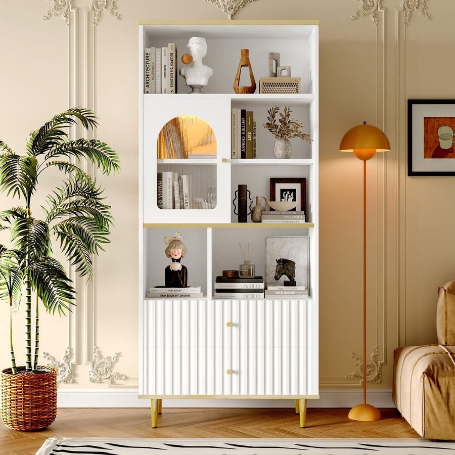 Sweiko Boekenkast 2 laden + LED-verlichting Metalen onderstel Wit