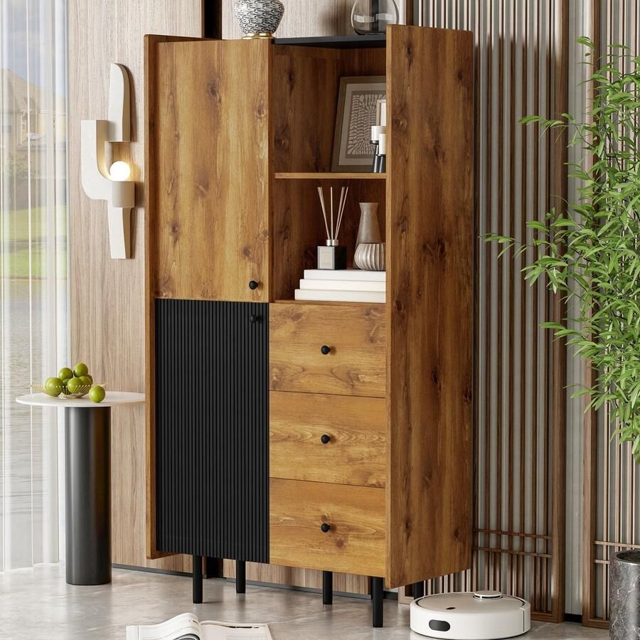 Sweiko Boekenkast Dressoir Houten hoge kast 160 cm Met 2 deuren + 3 laden + open vakken Natuurlijk + Zwart