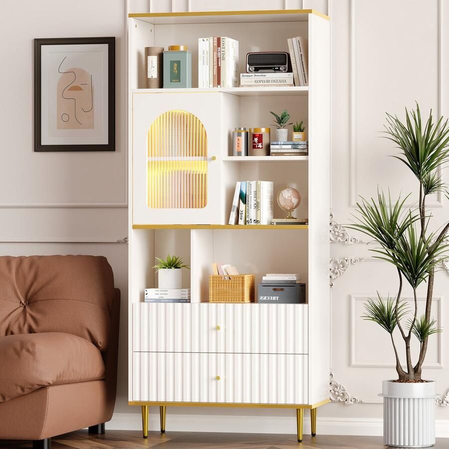 Sweiko Boekenkast LED verlichte vitrinekast 5 open vakken en 2 laden verstelbare planken 78*36*190 cm wit