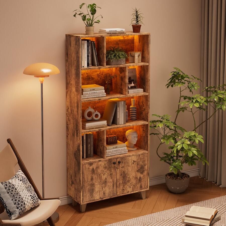 Sweiko Boekenkast Massief houten poten Meerdere opbergvakken LED-verlichting Bruin
