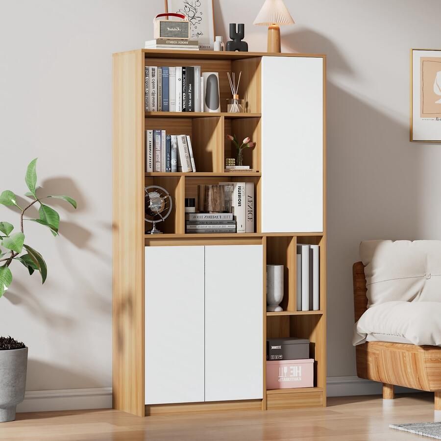 Sweiko Boekenkast met 3 deuren en verstelbare planken 90x35.5x160 cm vitrinekast opbergruimte voor thuis en op kantoor wit+houtkleur