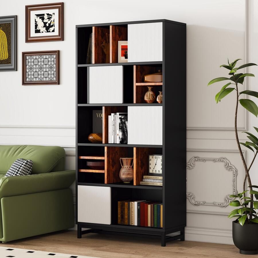 Sweiko Boekenkast Met 5 planken 4 deuren 80*35*165 cm Zwart+Wit+Bruin