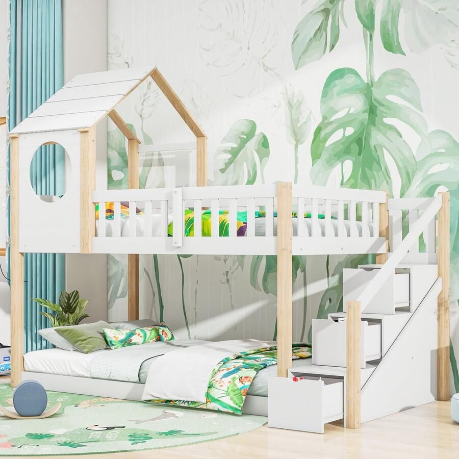 Sweiko Boomhouse Kinderbed Stapelbed Huisbed ladderkast Dennenhouten Bed 90 x 200 cm Zonder matras Natuurlijk en wit