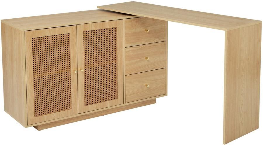 Sweiko Bureau L-vormige hoektafel Rotan deur Opbergkast Geen stoel Natuurlijke