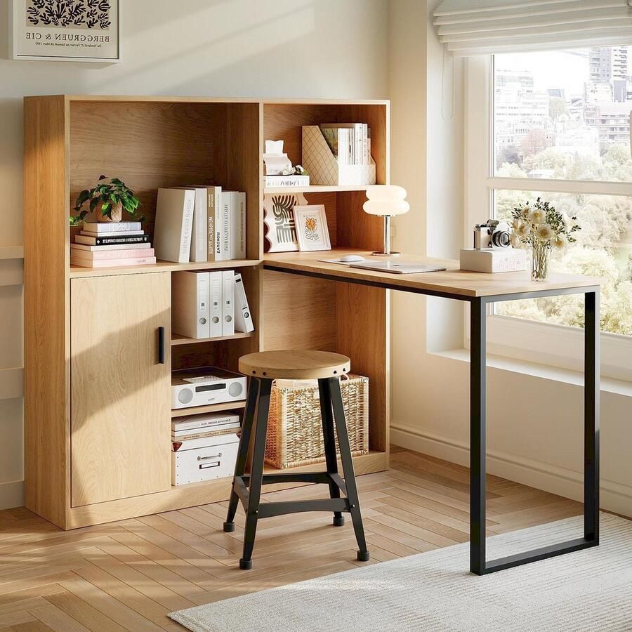 Sweiko Bureau met Boekenrek + opbergkast Werktafel L-vormig bureau Zonder stoel Natuurlijke