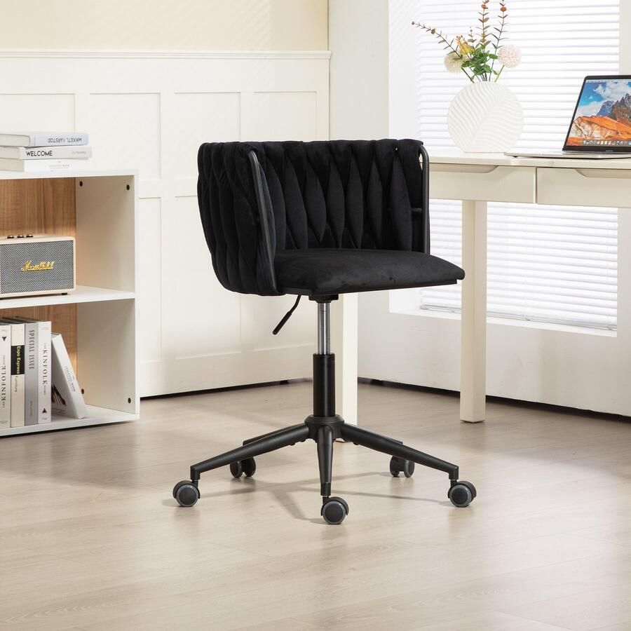 Sweiko Bureaustoel fluweel 360° draaibaar met één druk op de knop in hoogte verstelbaar handgeweven rugleuning woonkamerstoel met stevig onderstel en 5 wielen zwart
