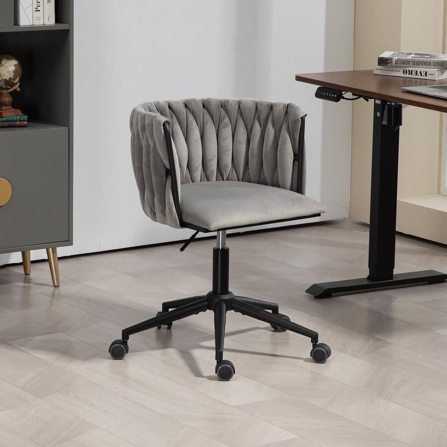 Sweiko Bureaustoel fluweel 360° draaibaar met één druk op de knop in hoogte verstelbaar handgeweven rugleuning woonkamerstoel met stevig onderstel en 5 wielen grijs