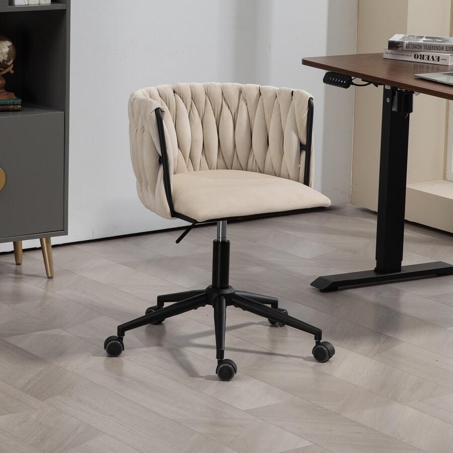Sweiko Bureaustoel fluweel 360° draaibaar met één druk op de knop in hoogte verstelbaar handgeweven rugleuning woonkamerstoel met stevig onderstel en 5 wielen beige