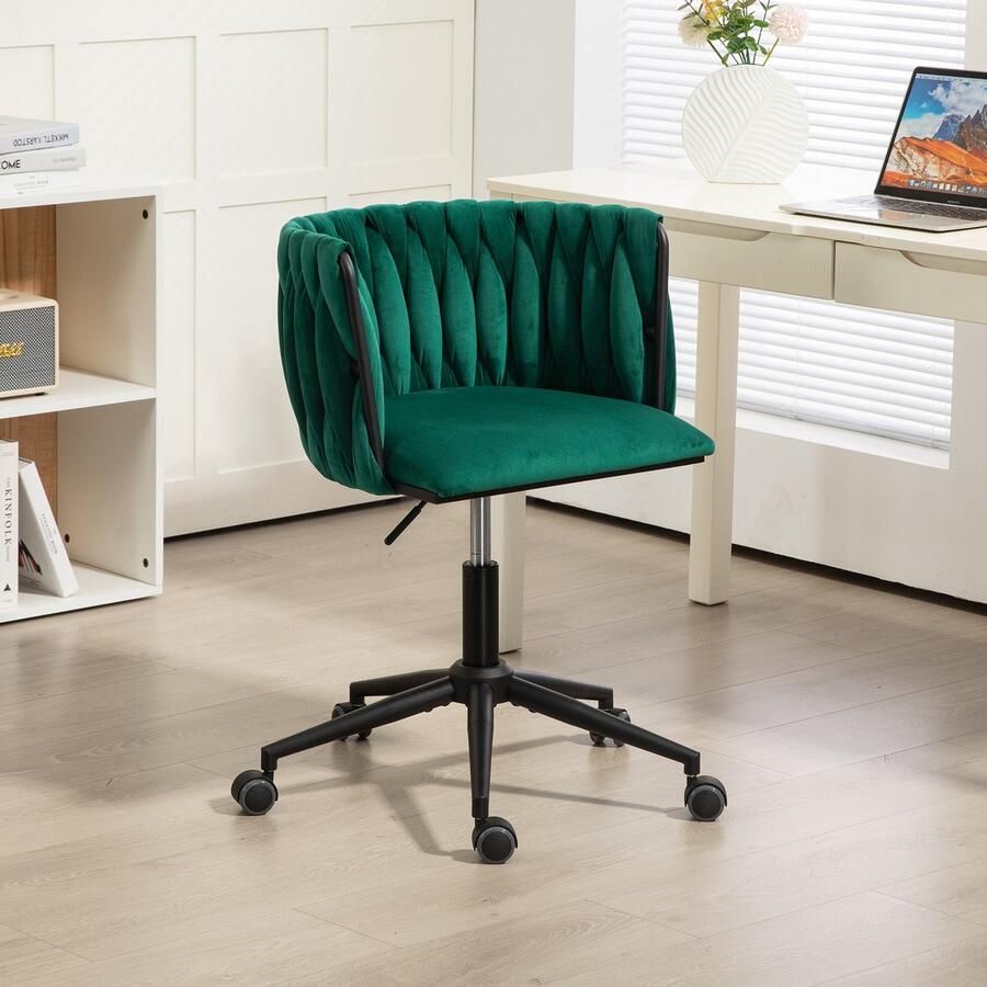 Sweiko Bureaustoel fluweel 360° draaibaar met één druk op de knop in hoogte verstelbaar handgeweven rugleuning woonkamerstoel met stevig onderstel en 5 wielen groen