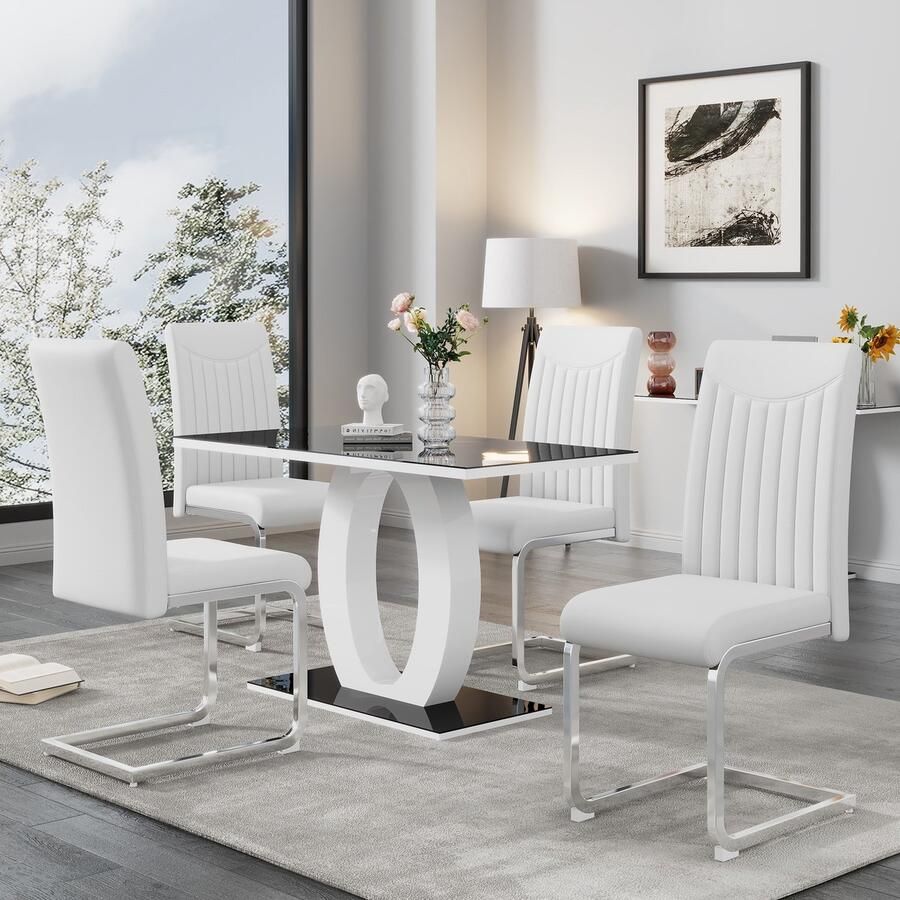 Sweiko Cantilevere Eetkamerstoelen (4-delig) verchroomd metalen frame geschikt voor 150 kg rugleuning versierd met strepen PU kunstlederen stof ergonomie Wit