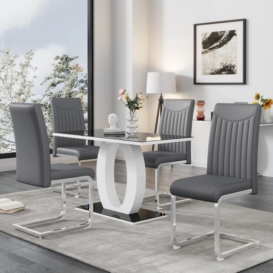 Sweiko Cantilevere Eetkamerstoelen (4-delig) verchroomd metalen frame geschikt voor 150 kg rugleuning versierd met strepen PU kunstlederen stof ergonomie Grijs