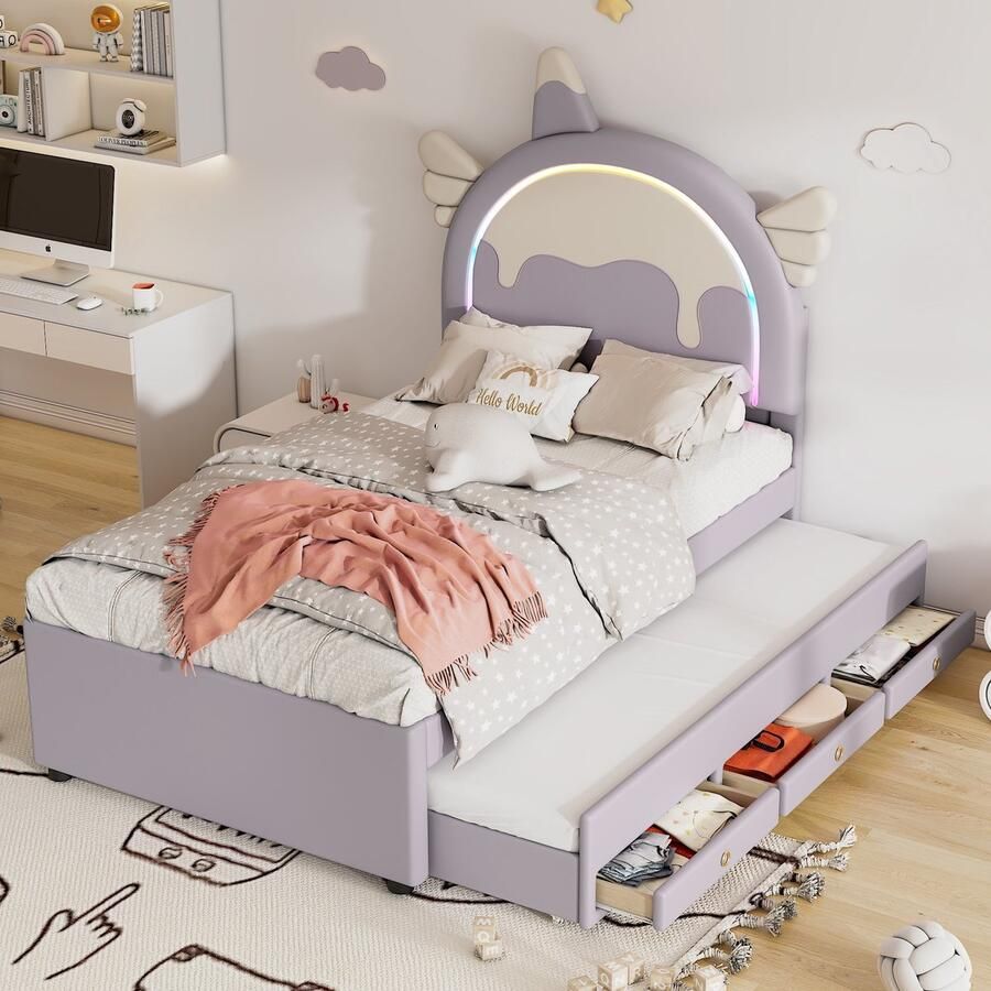 Sweiko Cartoon Kinderbed 90*200cm Eenhoorn vorm met LED verlichting Uitgerust met Uitschuifbaar roll-out bed PU materiaal Violet