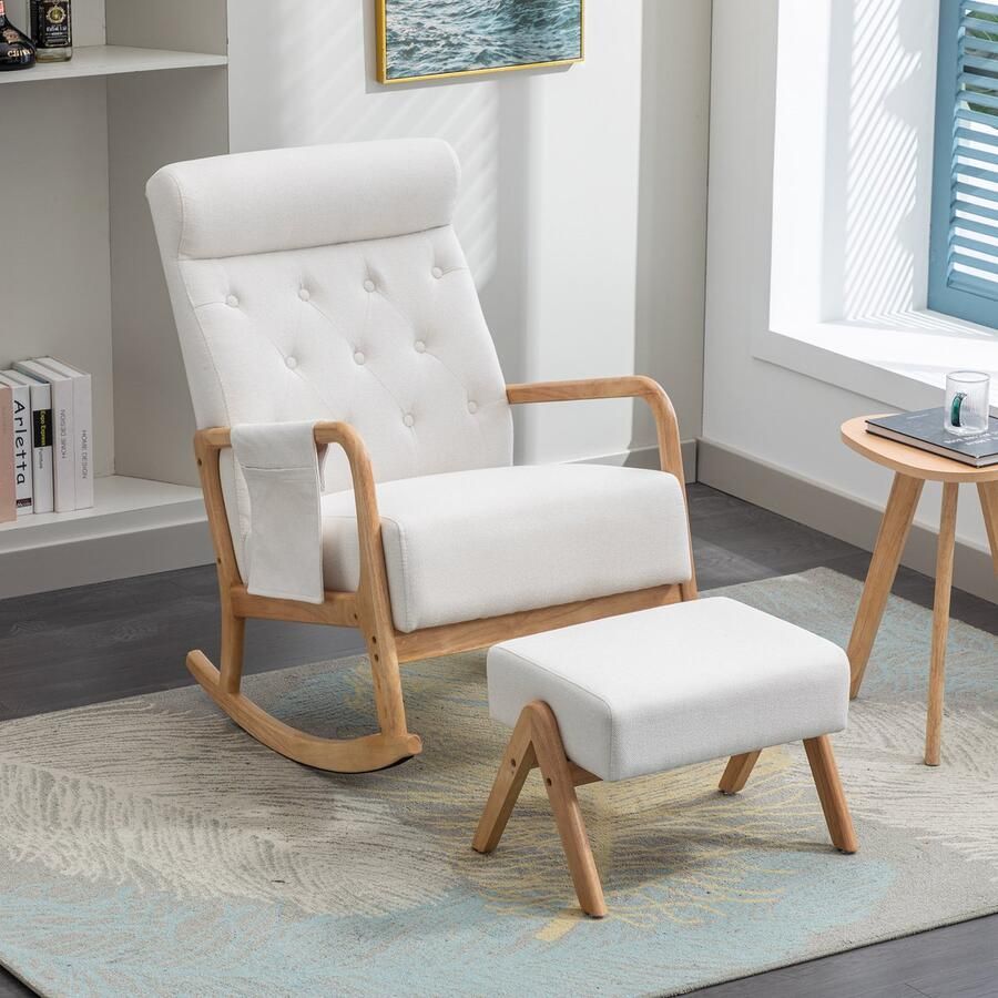 Sweiko Comfortabele Schommelstoel met voetenbank in de woonkamer Fauteuil Beige kleur Gebogen voet zacht gevoerde hoge rugleuning