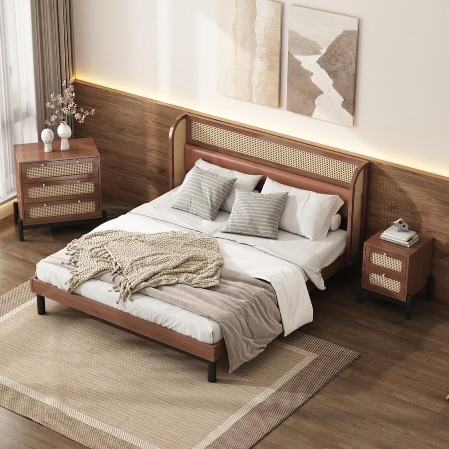 Sweiko Complete Slaapkamer set 3-delig Modern rotan Tweepersoonsbed+Nachtkastje+Commode 160x200cm Tweepersoonsbed met PU bekleding en rotan Nachtkastje met 2 lades Commode met 3 lades grenen PU Walnoot