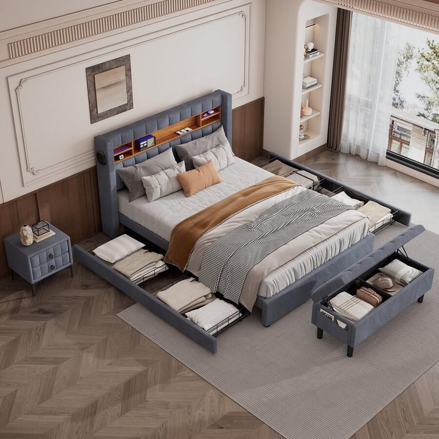 Sweiko Complete Slaapkamerset 140x200cm Gestoffeerd bed+Nachtkastje+Bedkruk Tweepersoonsbed met 16-kleuren LED lichtstrips Bluetooth speler en USB opladen Slaapkamerset met opbergruimte fluweel Grijs