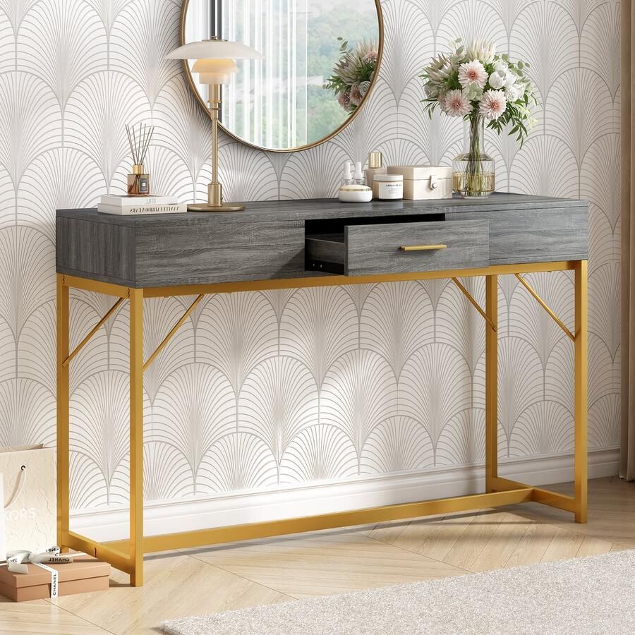 Sweiko Console Tafel Hal Tafel met 1 Lade Licht Luxe Stijl bijzettafel Sofa Table 120x38x76 cm Grijs en Goud