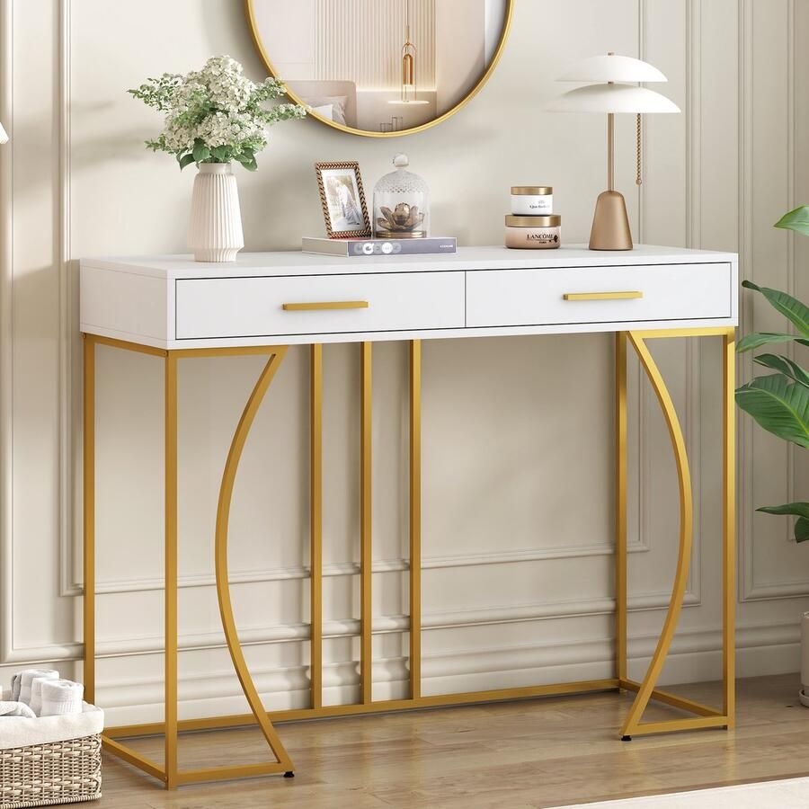 Sweiko Console Tafel Hal Tafel met 2 Lade Licht Luxe Stijl bijzettafel Sofa Table 120x38x76 cm Wit en Goud