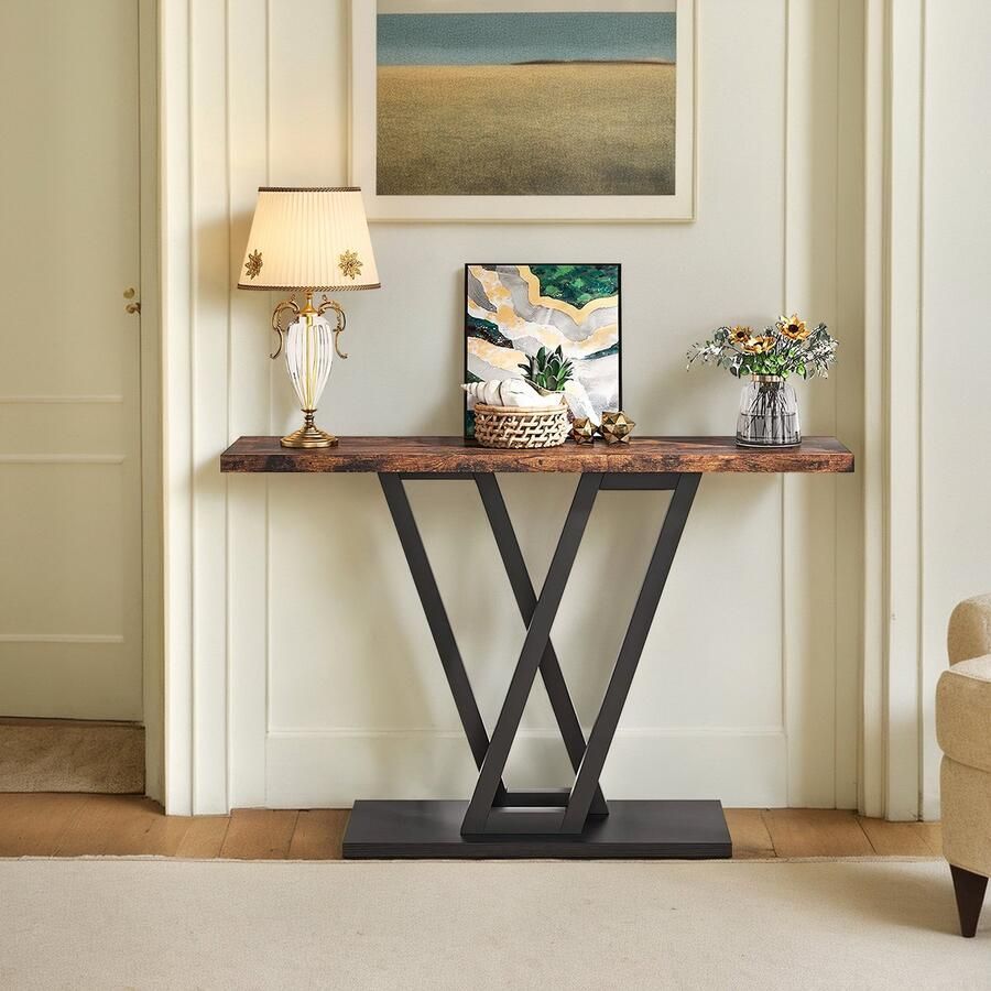 Sweiko Consoletafel Industriële hal Tafel 110cm Entreetafel Stevig Metalen frame en gemakkelijk te monteren Rustiek Bruin smalle sofa tafel woonkamer bijzettafel