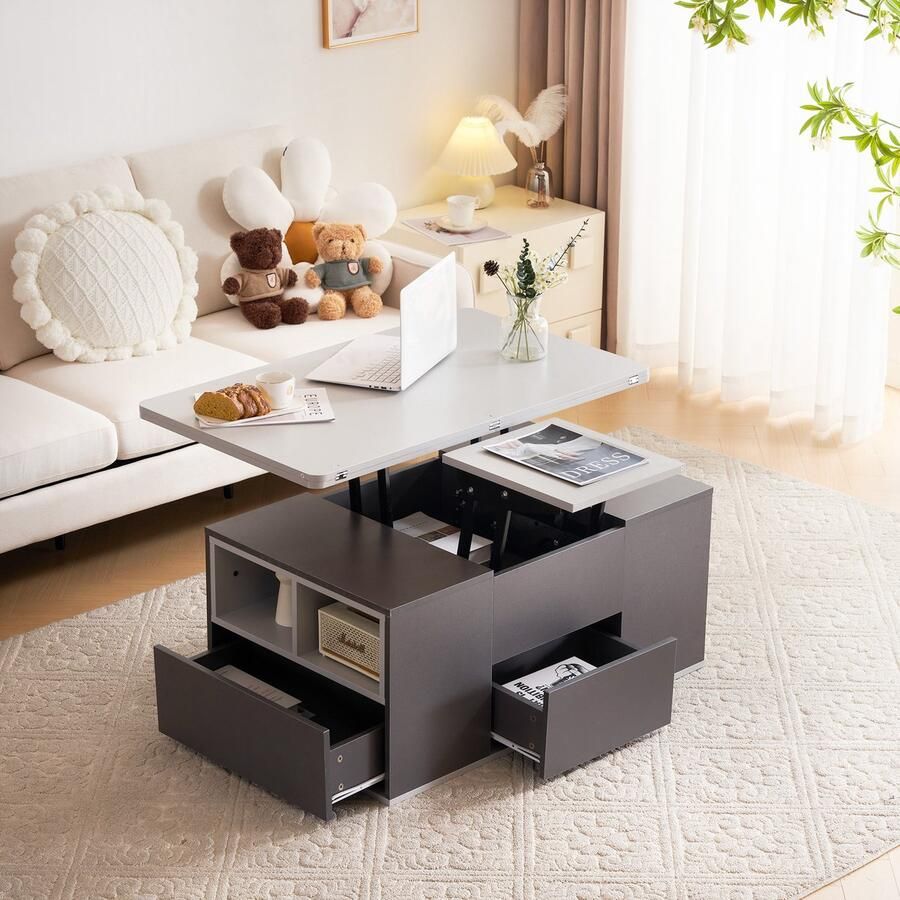 Sweiko Desktop Kan 2-tafels Openen Donkergrijs en Lichtgrijs Opvouwbaar en Uitbreidbaar met laden met grote capaciteit moderne woonkamer meubels kantoor eettafel bijzettafel multifunctionele tafel - Foto 3