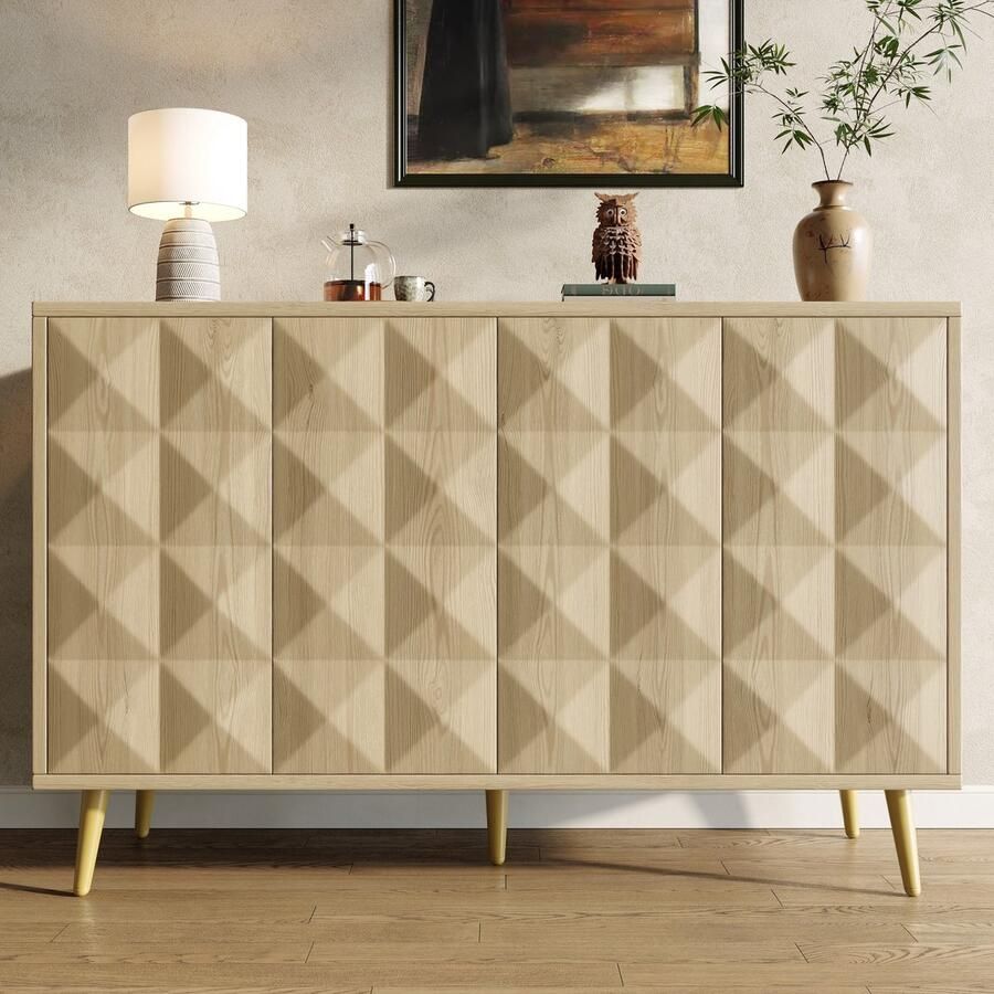 Sweiko Dressoir 120 x 35 x 78 cm Buffet Kantelbeveiliging Deuren met reliëf Verstelbare legplanken Natuurlijke