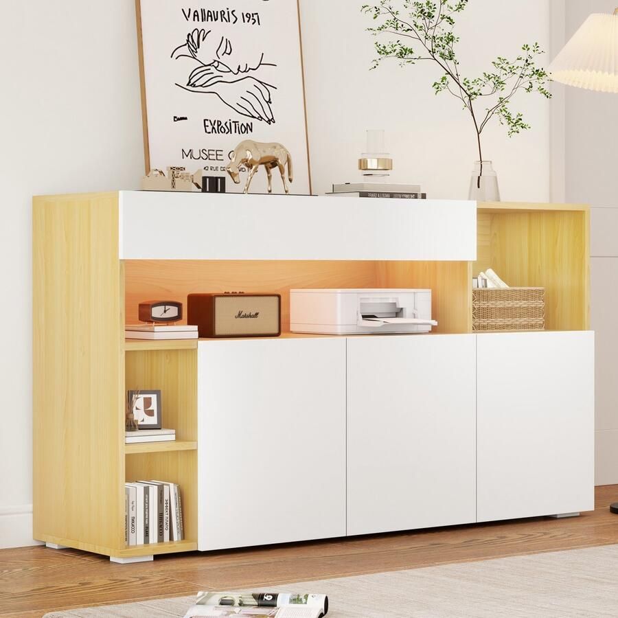 Sweiko Dressoir 140 cm LED verlichting Multifunctionele opbergkast Wit + Eik