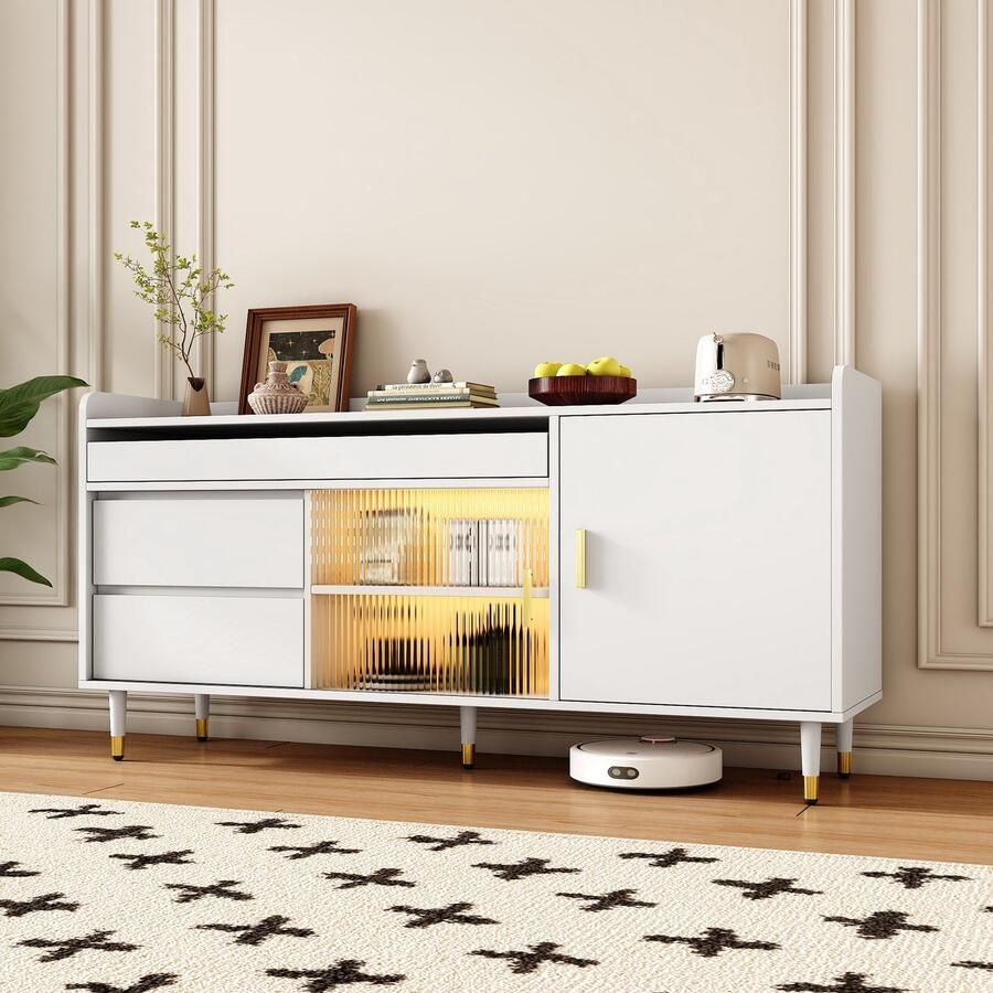 Sweiko Dressoir 2 laden Glazen schuifdeuren LED verlichting Wit