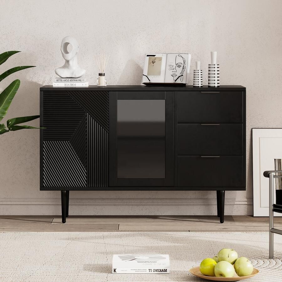 Sweiko Opbergkast met 3 laden en 2 deuren met metalen poten en glazen deuren Zwart 120 x 38 x 79.5 cm