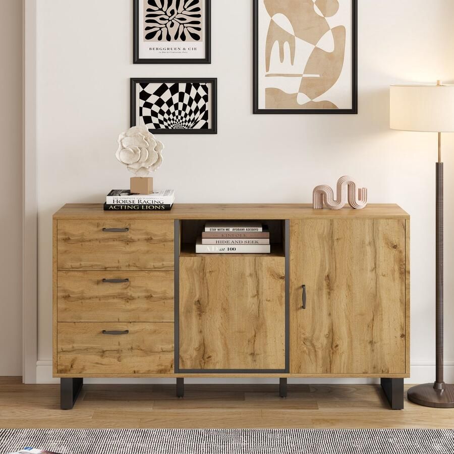 Sweiko Dressoir 3 laden 2 deuren Slank ontwerp Metalen poten Natuurlijke houtnerf