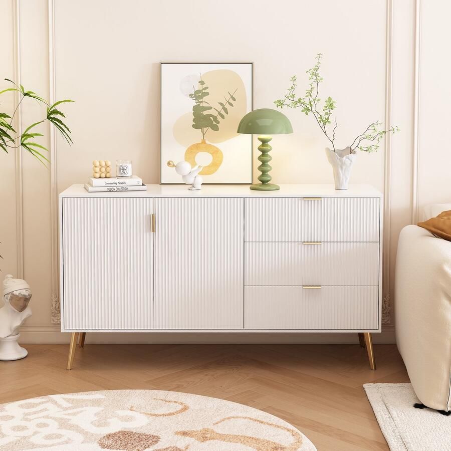 Gutent Dressoir Wit met Vergulde poten en Handgrepen Ladekast Gelakt afgeronde hoeken 7 vakken 140B*40D*78H cm voor slaapkamer woonkamer en badkamer