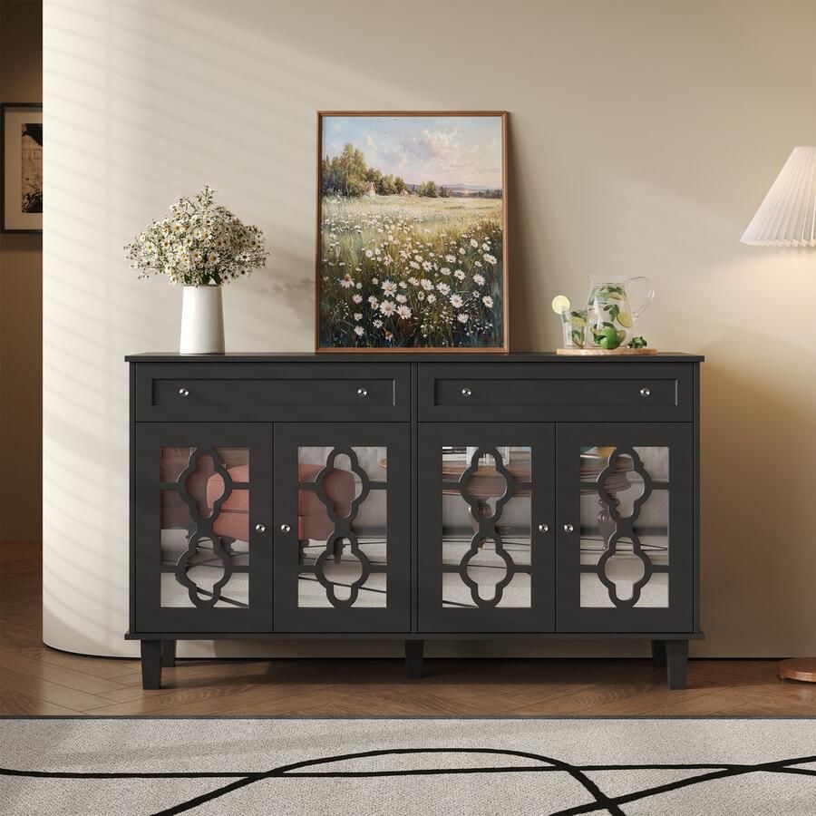 Sweiko Dressoir 4 Spiegeldeuren 2 Laden Verstelbare Planken Kristallen Handgrepen Zwart