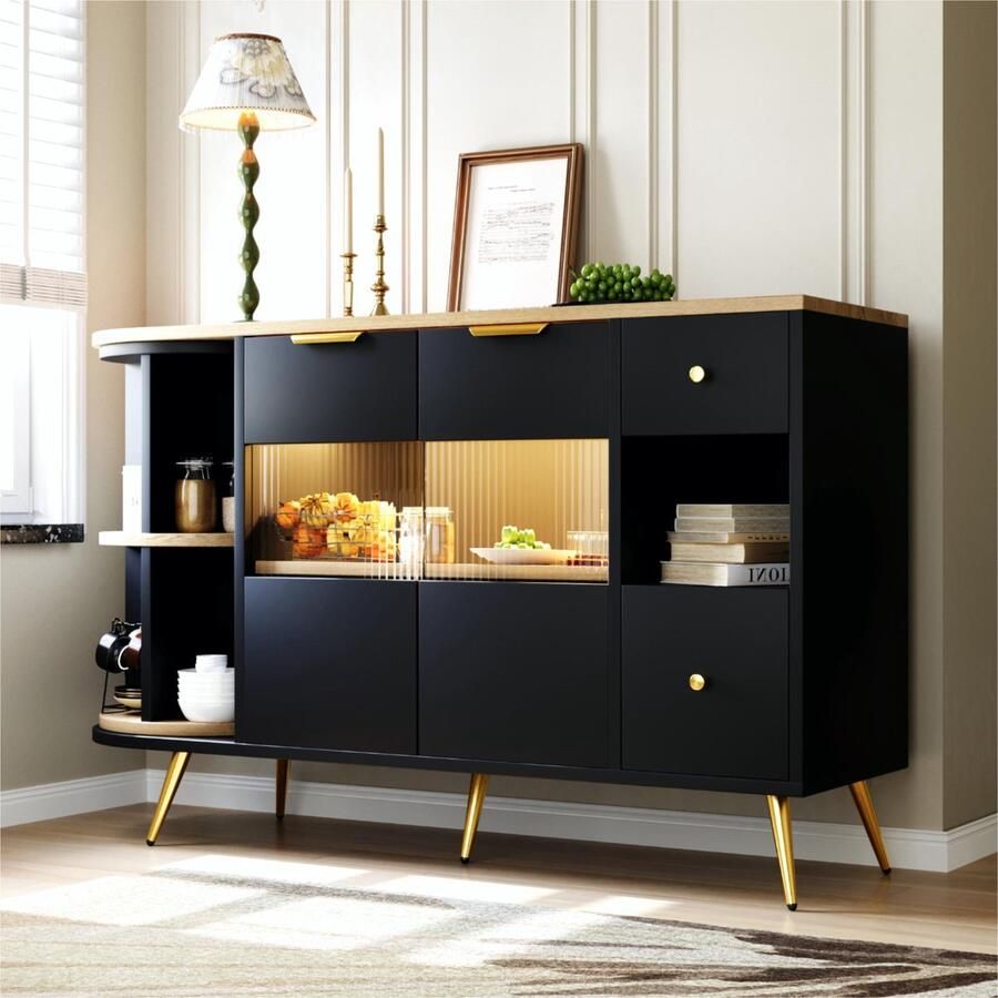Sweiko Dressoir Eetkamer Woonkamer Opslagkasten met glazen schuifdeuren en LED verlichting Houten kasten Vrijstaande kasten Buffet kasten Keukenmeubels Zwart