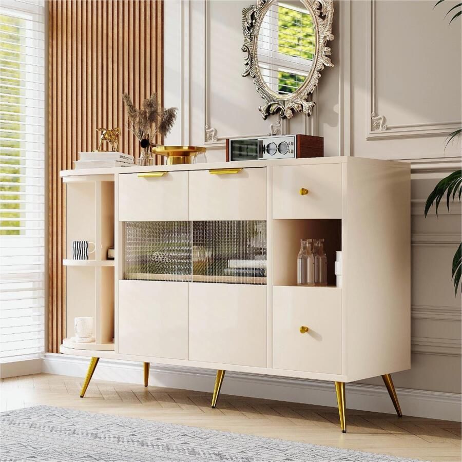 Sweiko Dressoir Eetkamer Woonkamer Opslagkasten met glazen schuifdeuren en LED verlichting Houten kasten Vrijstaande kasten Buffet kasten Keukenmeubels Beige