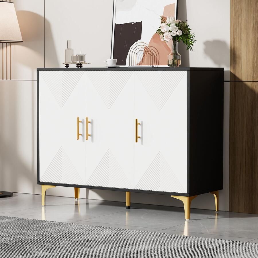 Sweiko Dressoir Gestreept mat 3 deuren Gouden handgrepen Wit + zwart