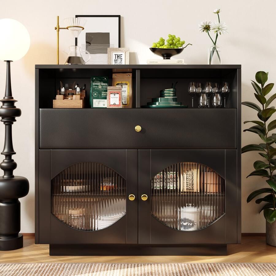 Sweiko Dressoir glazen deur grote lade buffet moderne stijl zwart 100 x 40 x 90.5 cm