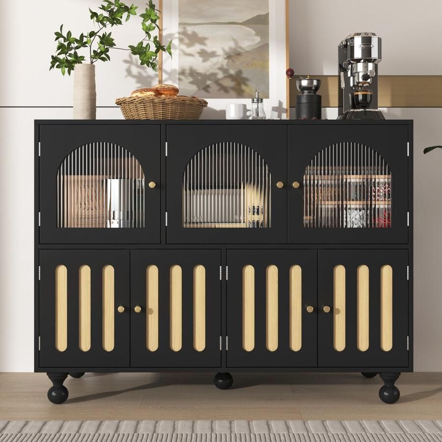 Sweiko Dressoir glazen deuren gouden handgrepen cilindervormige poten opbergruimte zwart