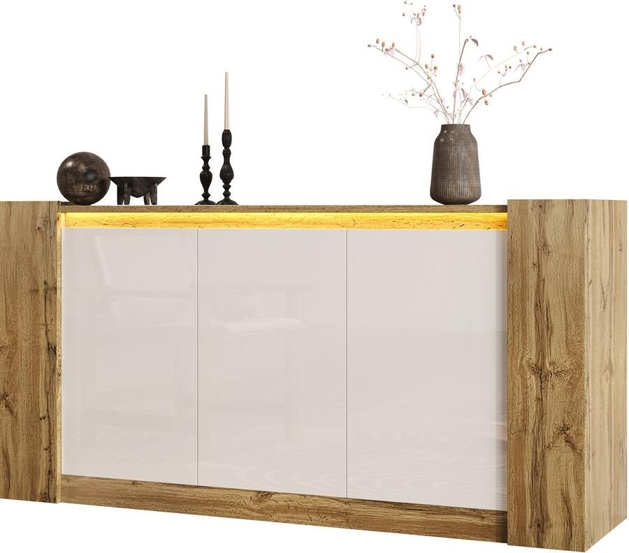 Sweiko Dressoir Hoogglans deuren LED verlichting Verstelbare plank Wit + Natuurlijk