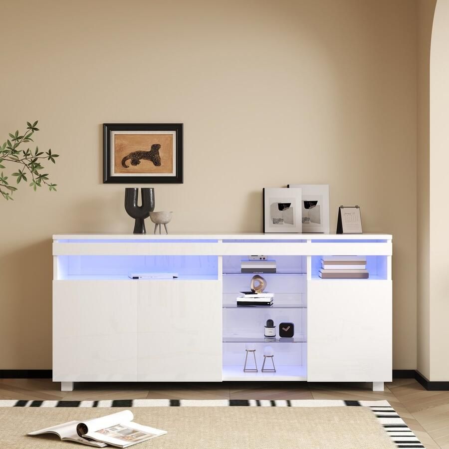 Sweiko Dressoir Hoogglans Met glazen legplanken + LED-strip 3 opbergdeuren Wit