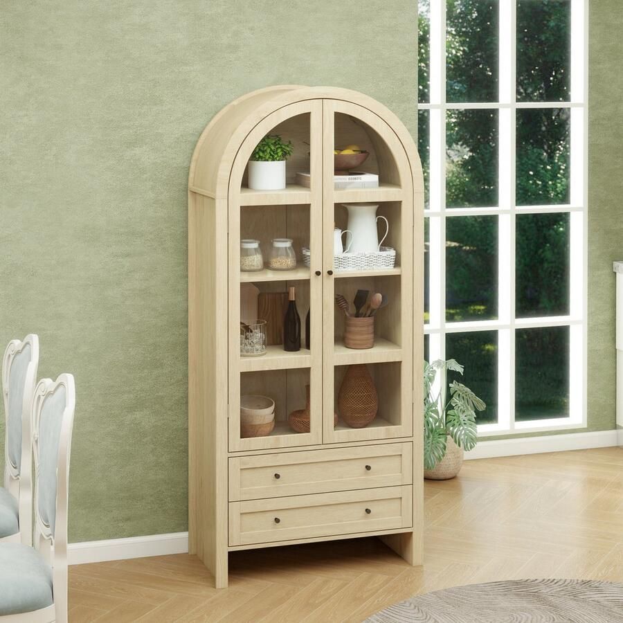 Sweiko Dressoir Houten opbergkast Gewelfd Doorzichtige acryl deur 2 laden Natuurlijk