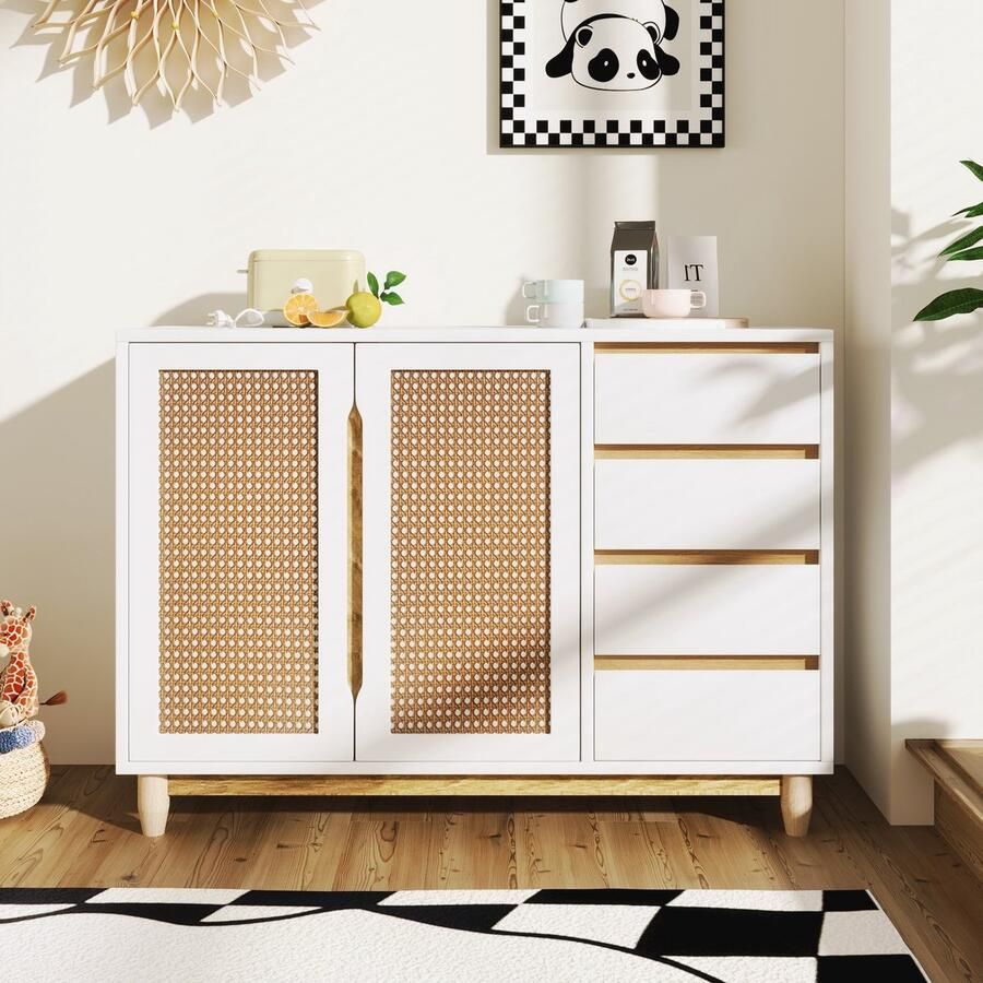 Sweiko Dressoir Kast met Rotan deuren 4 Lades Verstelbare planken Massief houten poten Opbergkasten Wit