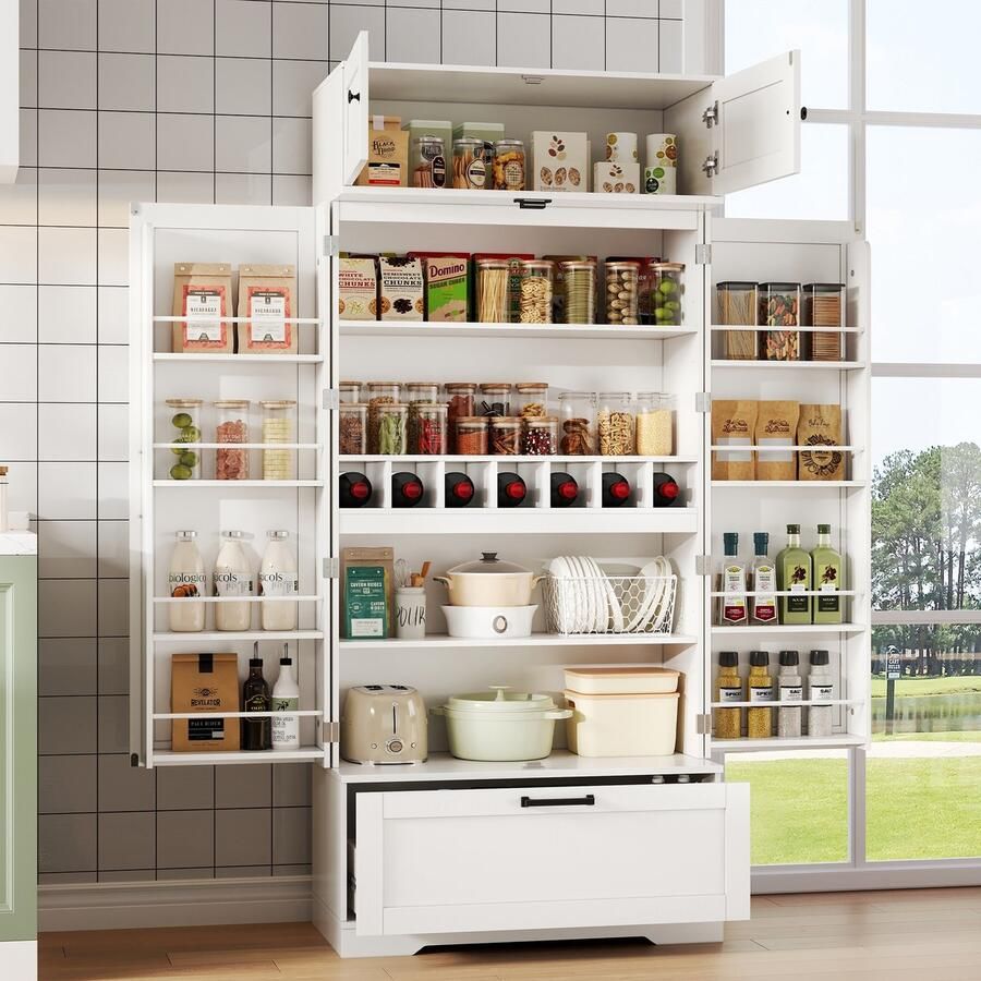 Sweiko Dressoir Keukenkast Verstelbare planken Met lade Wijnrek Dubbele deuren Wit