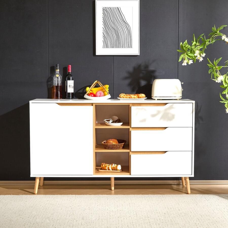 Sweiko Dressoir Ladekast 3 legplanken + 3 laden Kantelbeveiliging Wit + Natuurlijk