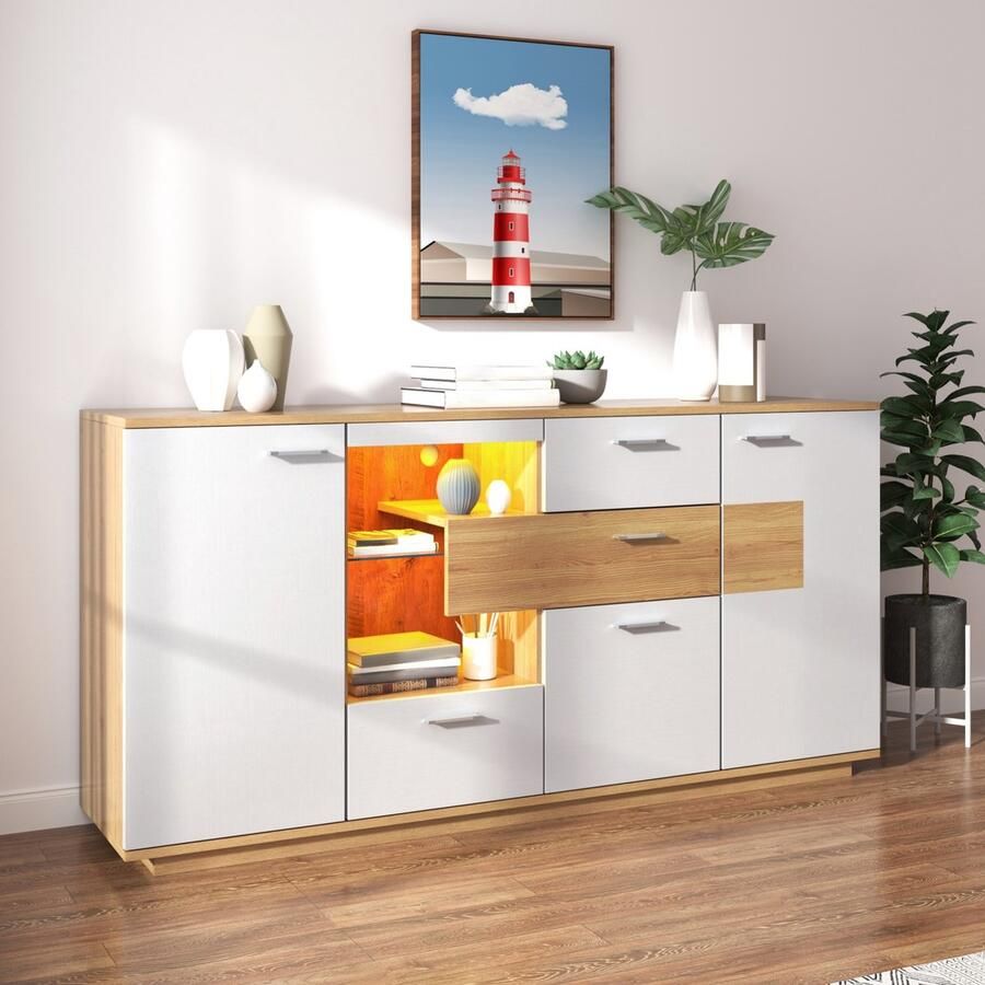 Sweiko Dressoir LED verlichting 2 deuren 4 laden Glazen legplanken Houten look Wit