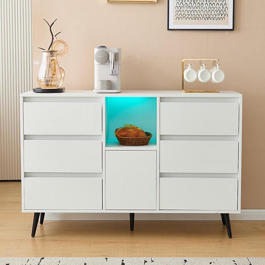 Sweiko Dressoir LED verlichting 6 laden Hoogglans afwerking 120x40x80 cm Wit