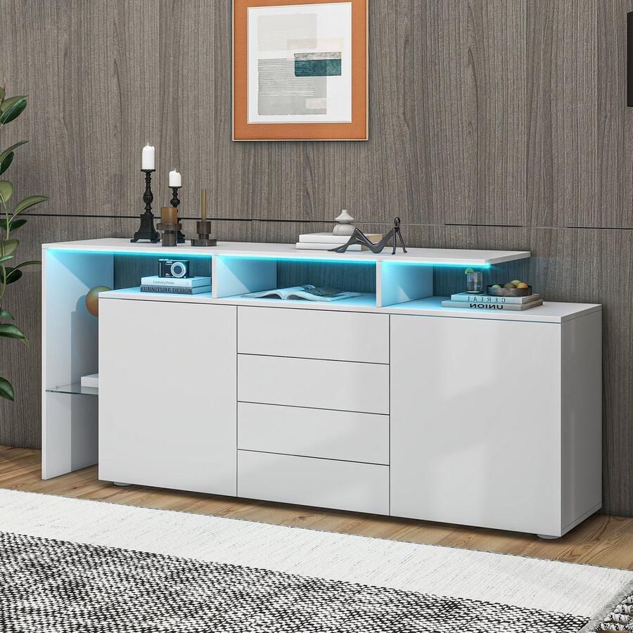 Sweiko Ladekast Vitrinekast met LED Wit Hoogglans Woonkamermeubel met 4 Laden Woonkamerkast tv-kast woonkamerwand highboard multifunctionele kast - Foto 2