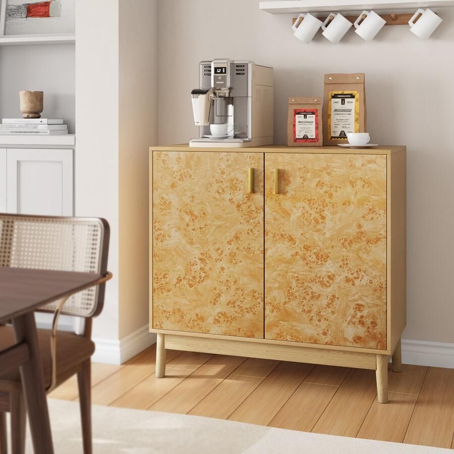 Sweiko Dressoir Massief houten poten Verstelbare planken Buffet Rustiek Geel