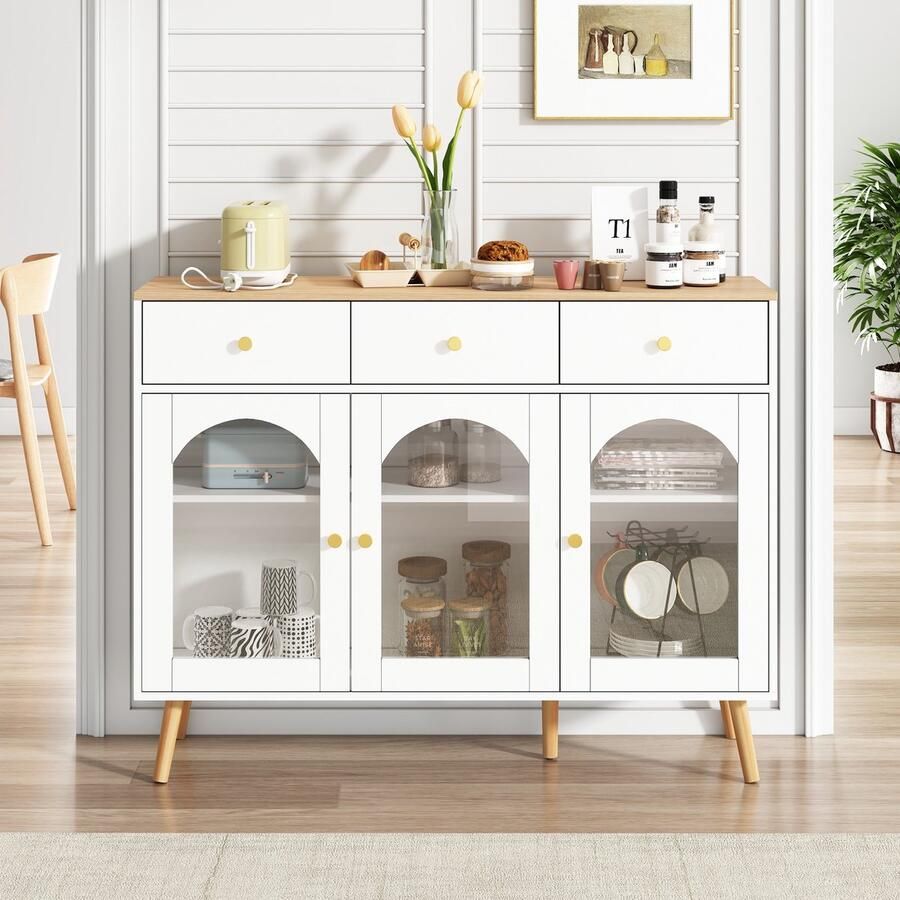 Sweiko Dressoir met 3 laden 3 gebogen deuren Gehard glas Buffet Wit + Natuurlijk
